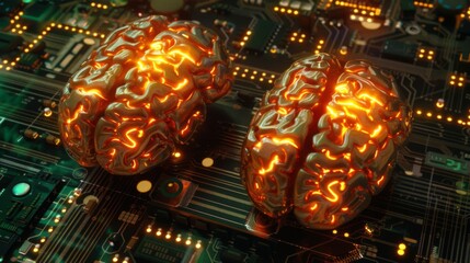 Big data and artificial intelligence concept. Human brain glowing from processor, symbolizing the fusion of human intelligence and machine learning capabilities. Evolution of technology of data.