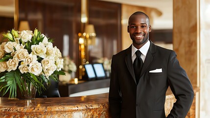 Smiling hotel receptionist standing at reception desk.