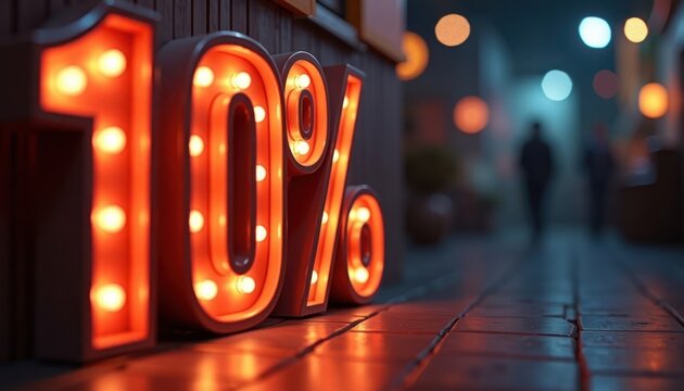 Ten percent discount sign with warm orange light bulbs. Promotional offer banner. Modern discount offer. Stylish retro style. Great for shops and businesses. Eye-catching design. Marketing promotion.