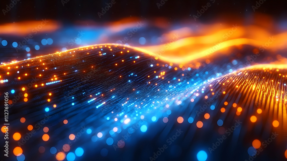 Poster abstract waves of light flow dynamically in orange and blue