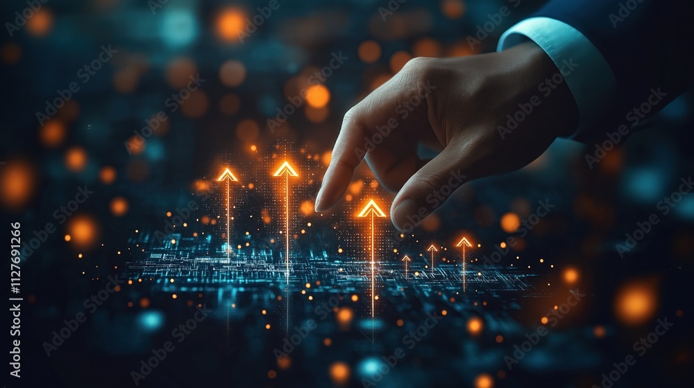 Poster businessman hand touches glowing upward arrows on virtual screen. tech concept of business growth. d
