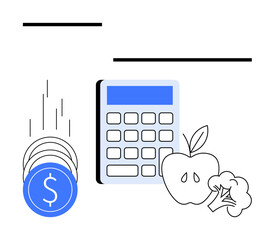 Calculator next to falling coins, apple, and broccoli representing budget planning for healthy eating. Ideal for finance, diet, wellness, health, education savings and nutrition themes. Line