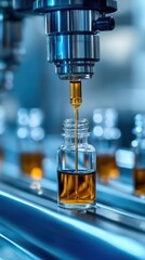 Automated production line fills small bottles with skincare liquid. Modern tech skincare factory. Liquid flows into bottles. Ingredients mix. Bottles move on conveyor. Pharmaceutical skincare