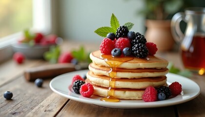 Delicious buttermilk pancakes stacked high, topped with fresh berries, maple syrup. Beautiful country-style kitchen table setting. Perfect for cozy breakfast brunch. Warm colors, fresh ingredients