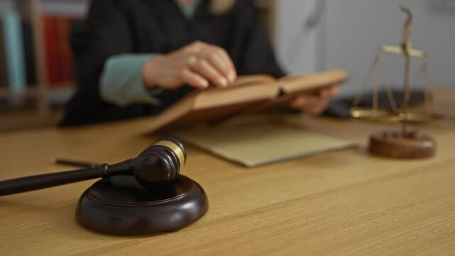 Woman reading book in courtroom with gavel and scales on desk