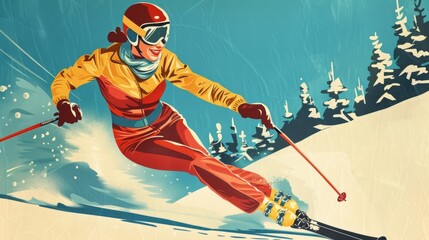 A vibrant vintage skiing poster featuring a skier in bright attire, capturing the thrill of winter sports.