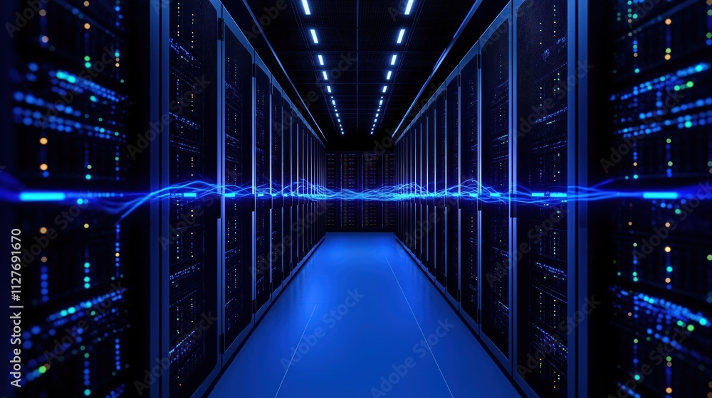 Aufkleber Modern data center glowing with blue energy. Server racks line hallway. Data flows between, illustrating powerful AI, neural network system. Sophisticated tech, advanced computing, robust
