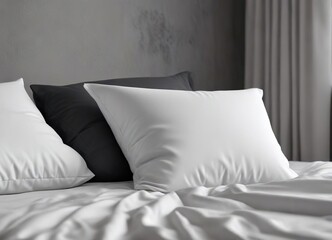 White pillow on white fabric on gray surface with black pillow in background, tranquil, softness, peaceful, composition, serene