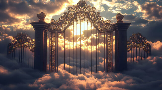 Ornate Gate Opens to Heavenly Cloudscape at Sunset