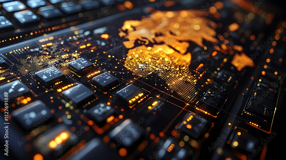 Poster global network: digital world map illuminates data connections