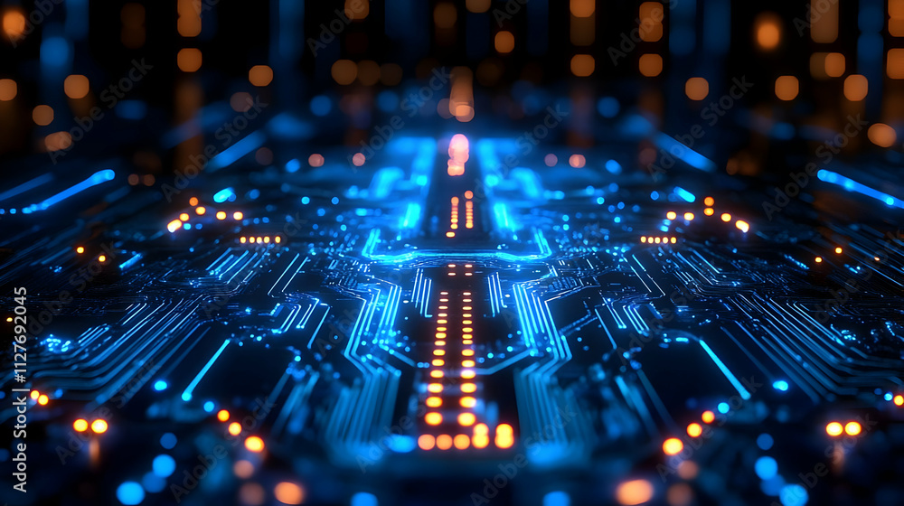 Poster exploring futuristic circuits: digital pathways illuminate technological advancements