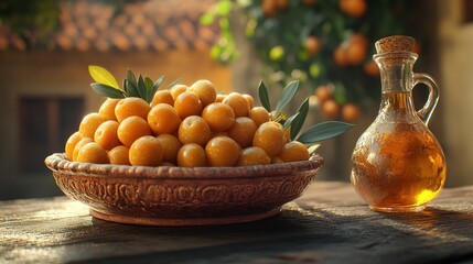 Golden olives in bowl with oil.