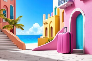 Pink Suitcase by the Sea in a Colorful Town