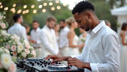 DJ mixes music at elegant outdoor wedding party. People in white attire surround DJ. Flowers and lights add chic atmosphere. Event is happening outdoors. Focus is on DJ and music.