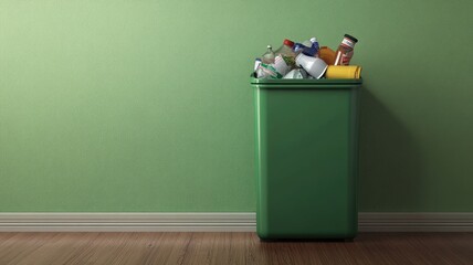 Green bin filled with various recyclables against wall