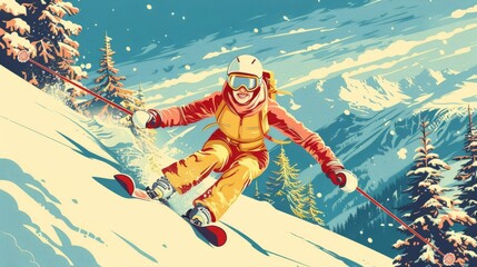 A vibrant vintage skiing poster featuring a skier in bright attire, capturing the thrill of winter sports.