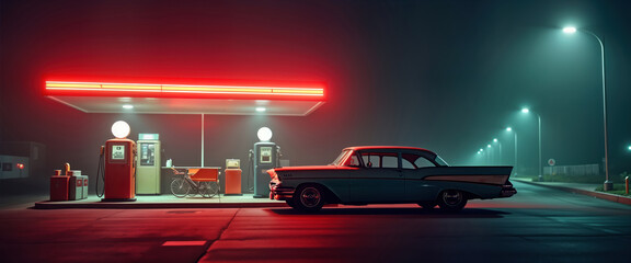 Retro car parked at night gas station. Classic vintage automobile near old-fashioned gas pumps. Illuminated by neon lights. Evening scene evokes nostalgia for classic American travel. Travel,