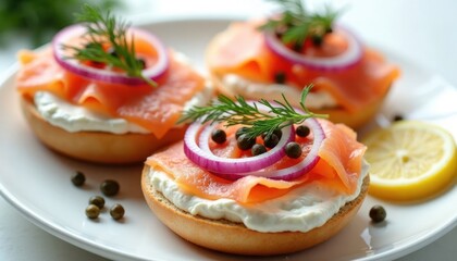 Delicate smoked salmon bagels with cream cheese capers, red onion rings. Appetizing breakfast brunch item. Fresh, delicious. Perfect for light meal. Ideal for quick, healthy start to day. Suitable