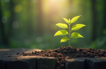 Small plant growing in fertile soil. Sunlight highlights fresh green leaves. Growth, development concept. Nature, success theme. Potential for new beginnings. Inspirational image for personal, pro