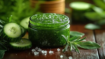 Green cucumber scrub in glass jar with herbs.