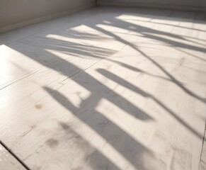 Fototapeta premium White wooden table bathed in sunlight, with shadows creating an artistic pattern, natural light, minimalistic, pattern, sunlight