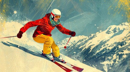A vibrant vintage skiing poster featuring a skier in bright attire, capturing the thrill of winter sports.
