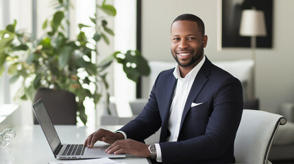 Fototapeta premium Confident Businessman Working on Laptop. A smiling businessman in a suit working on a laptop in a bright, modern office. Perfect for business and professional themes.