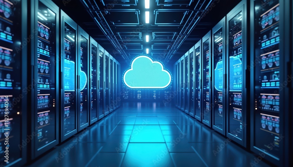 Aufkleber Modern server room features many rows of racks. Futuristic tech with neon lights. Cloud data storage concept. Lots of digital displays. Advanced tech. Cyber security. Innovative. Large. Impressive.