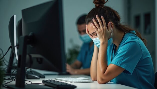 Healthcare professional stressed at desk. Exhausted nurse rests head on hands. Medical worker feeling overwhelmed. Office environment. Night shift. Emotional toll of demanding work.