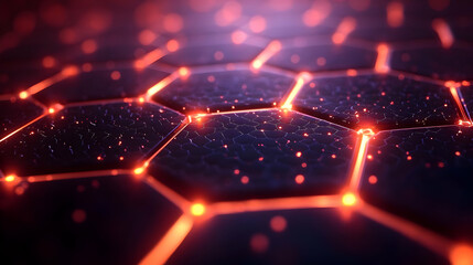 Glowing Hexagon Network: Abstract Tech Design, Futuristic Grid, Illuminated Cells, Dark Background, Orange Lines, Digital Art, Sci-Fi