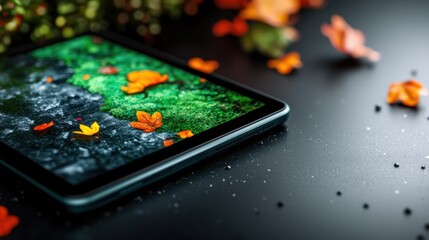 Close-Up of Vibrant Green Tablet Display with Leaves