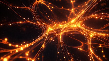 Abstract glowing orange lines and particles on dark background.