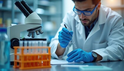 Fototapeta premium Scientist in lab coat, protective gloves carefully examines documents, test tube. Modern equipment like microscope, test tubes visible in lab setting. Scientist records data, analyzes results for