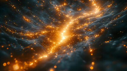 Naklejka premium Glowing Network: Abstract Light Trails Across Dark Surface, Cosmic Energy