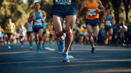 Marathon Runners Race Competitively on Asphalt