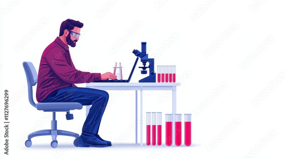 Poster scientist working in a laboratory with microscope and test tubes