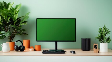 Modern Gaming Setup with Green Monitor and Plants