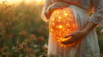Glowing Belly: Pregnancy Journey, Motherhood Bliss, Radiant Life, Golden Hour, Expectant Mother's Embrace.