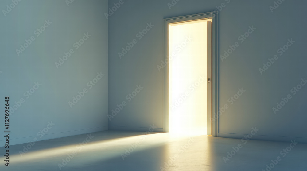 Poster light shines through the open door, creating an empty light blue background wall with soft lighting