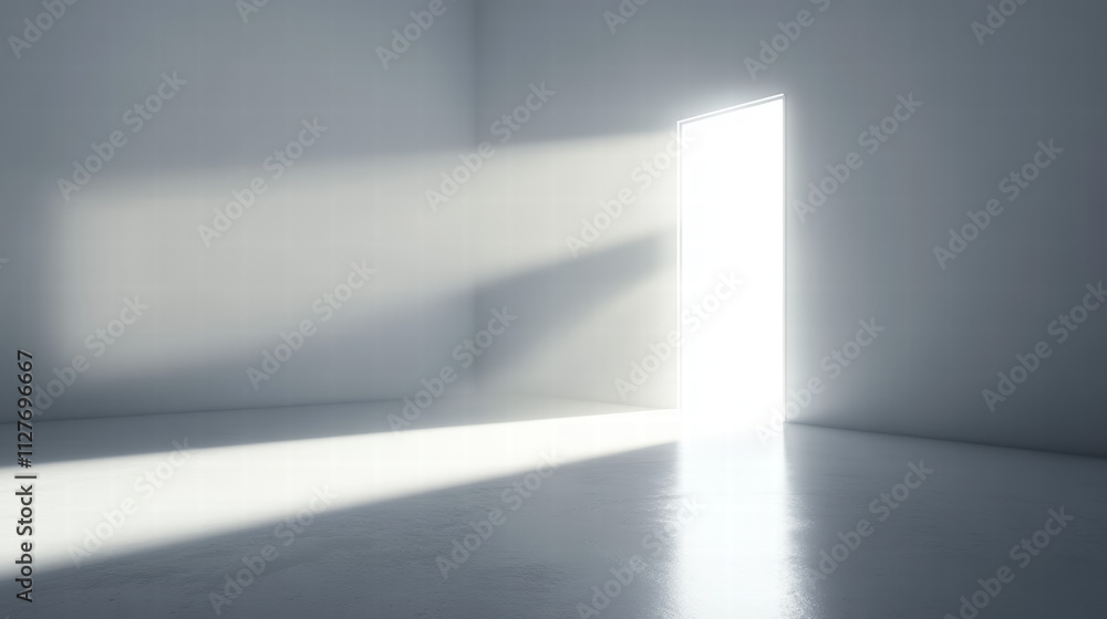 Poster light shines through the open door, creating an empty light blue background wall with soft lighting