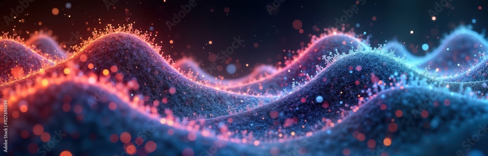 Poster Abstract digital wave flows through data. Dynamic futuristic flow of information. Colorful glowing particles create abstract landscape. Modern tech background. Creative design suitable for futuristic