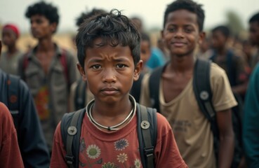 Fototapeta premium Displaced children in transit. Group of young people walking. They are carrying backpacks. Their expressions show struggle, hardship. Forced migration is evident. Uncertain future. Difficult journey.