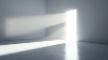 Fototapeta premium Light shines through the open door, creating an empty light blue background wall with soft lighting