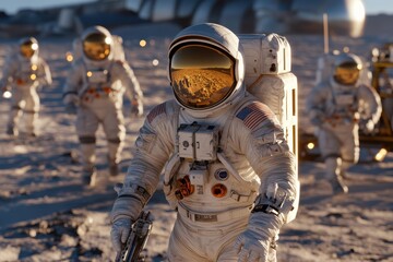 A team of astronauts explores the lunar surface, showcasing their journey of discovery, teamwork, and human ingenuity against the backdrop of an alien landscape.