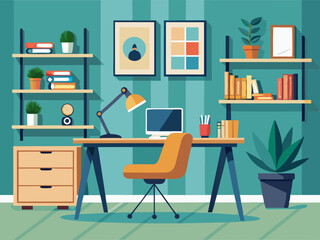 colorful illustration of a Scandinavian-style workspace with a sleek wooden desk, ergonomic chair, and clean shelves.