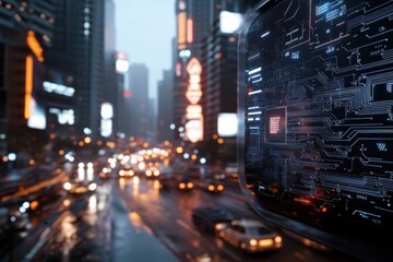 Fototapeta premium A mesmerizing view of city lights illuminating a busy road during a rainstorm, showcasing the contrast between the hustle of urban life and serene moments.