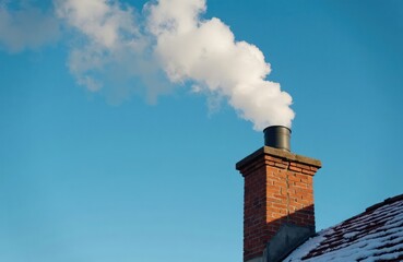 Brick chimney releases white smoke against bright winter blue sky. Warmth and comfort emanate from home. Cozy winter scene. Home heating in cold weather. Snowy roof. Cold season. Winter atmosphere.