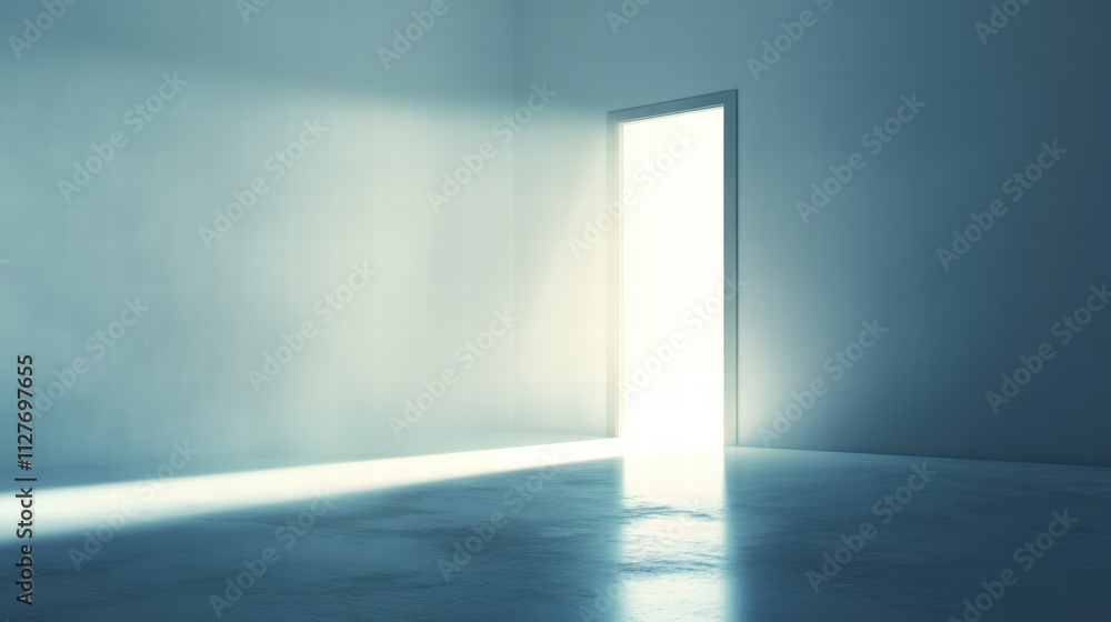 Poster light shines through the open door, creating an empty light blue background wall with soft lighting
