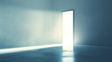 Light shines through the open door, creating an empty light blue background wall with soft lighting