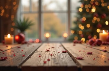 Wooden table top with blurred Christmas background. Festive decor including candles, ornaments create warm ambiance. Christmas tree lights softly illuminate room behind. Cozy scene suitable for